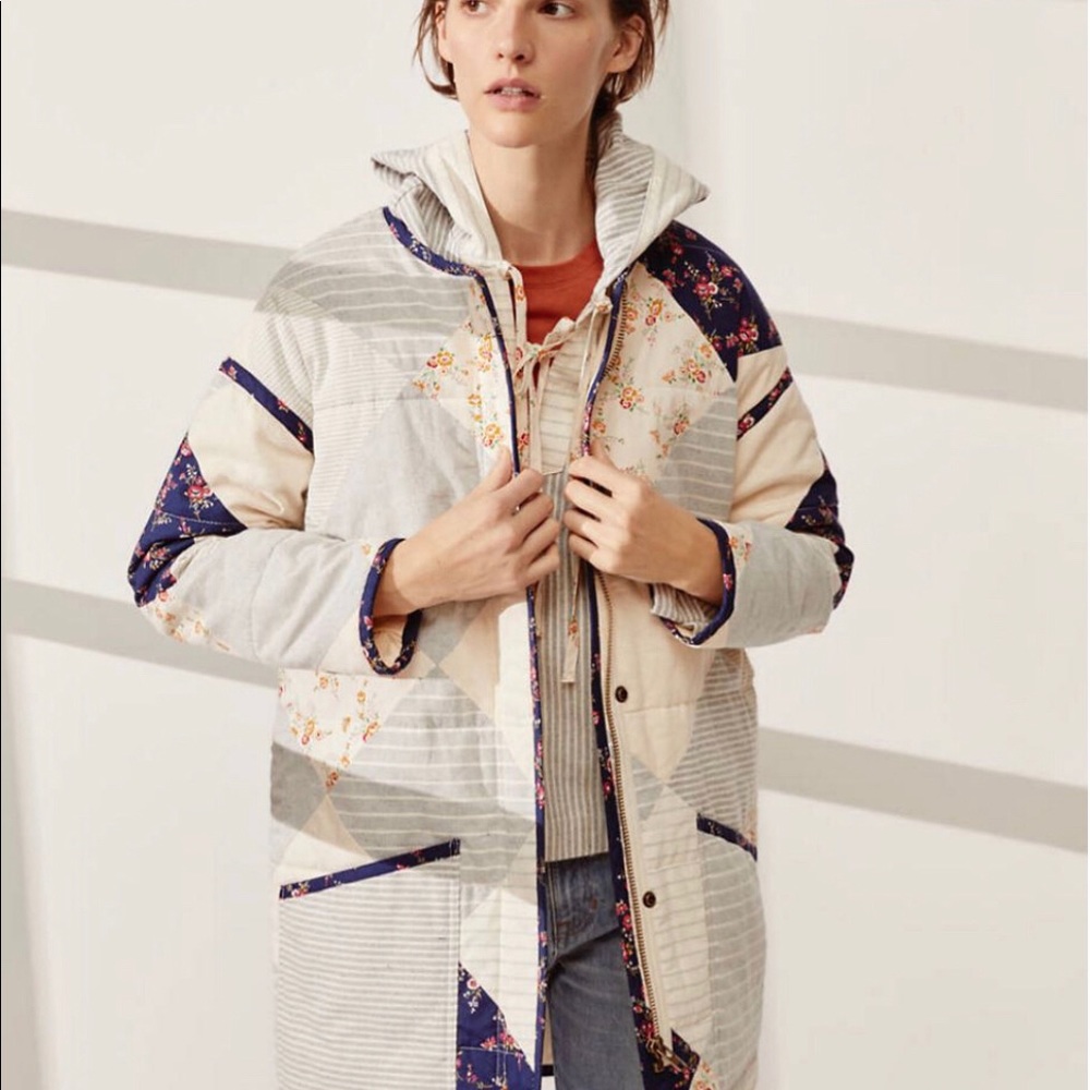 Madewell Quilted Patchwork Coat in Cream, Navy & Gray